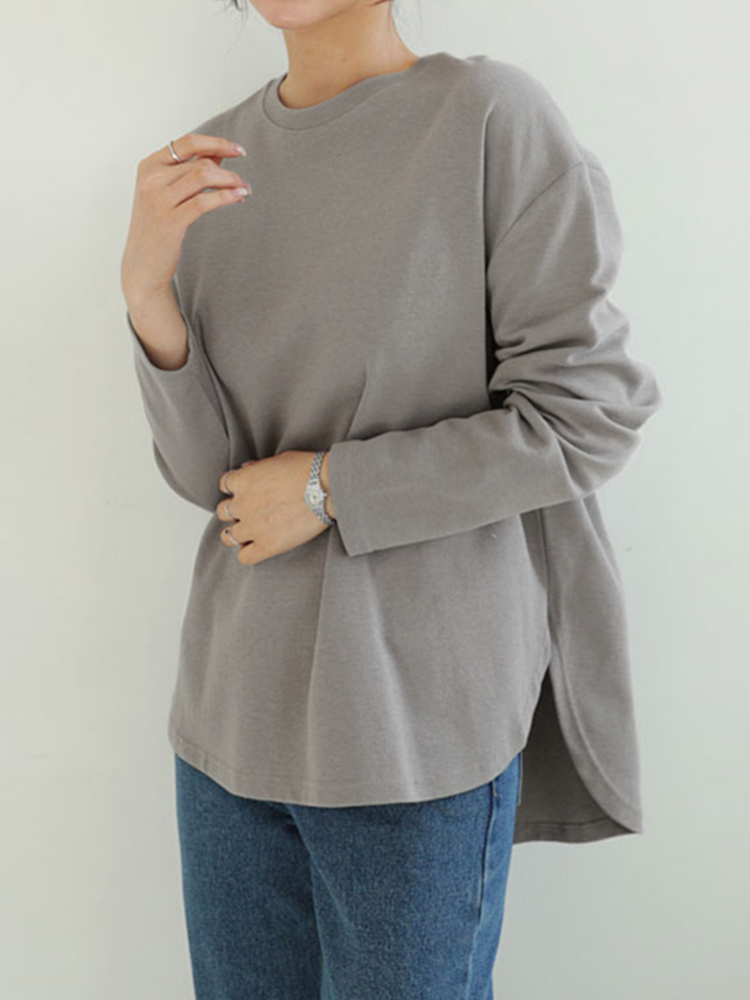 Women Long Sleeve Loose Solid Side Fork High Low Casual Pullover Sweatshirt 1