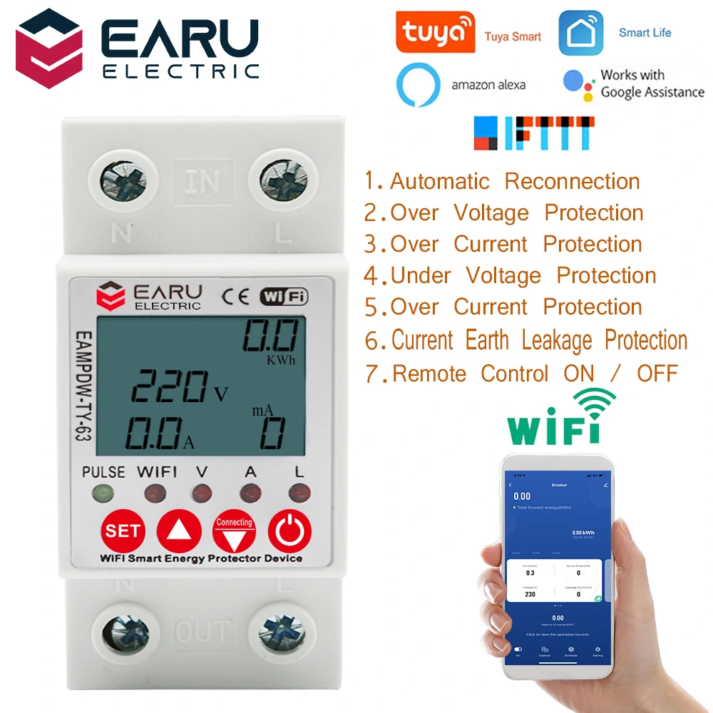 Find EARU 2P 63A Tuya WiFi Smart Circuit Earth Leakage Over Under Voltage Protector Relay Device Switch Breakers Energy Power kWh Meter Works With Alexa Google Home for Sale on Gipsybee.com