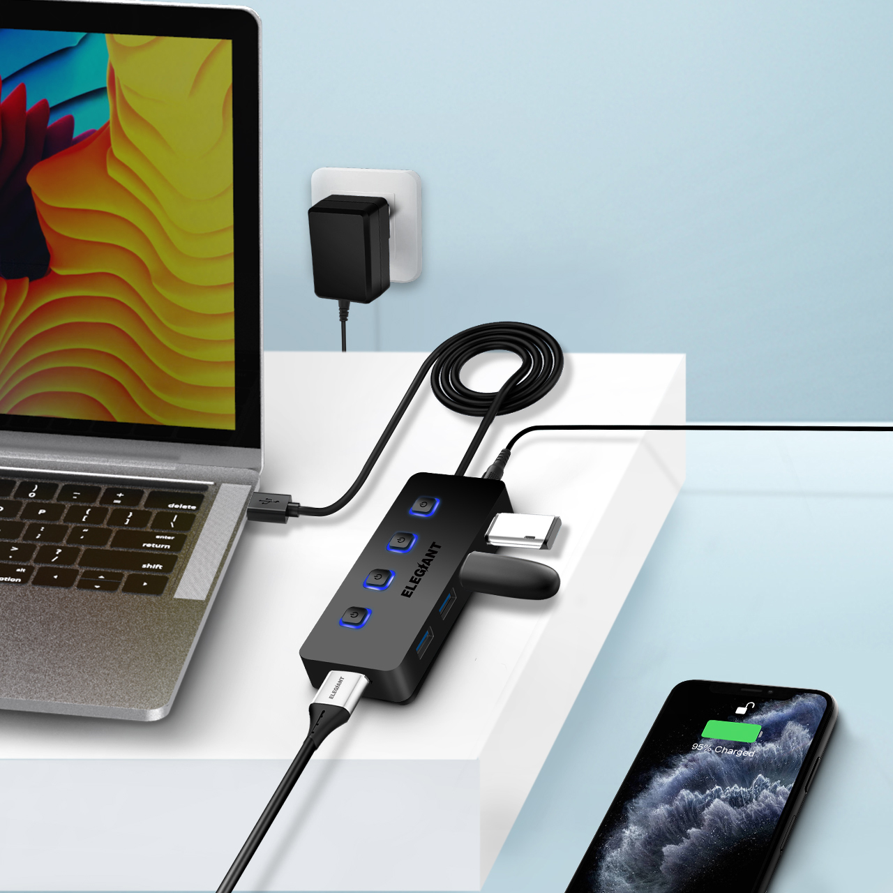 Find ELEGIANT 4 Port USB Hub 1 USB Smart Charging Port USB 3 0 Hub Powered USB Hub with Individual On/Off Switches USB Splitter with Power Adapter Supports Desktop Laptop Tablet MacBook iPad for Sale on Gipsybee.com with cryptocurrencies