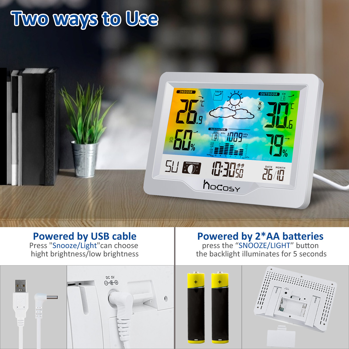 Find HOCOSY Multifunctional Weather Station High Precision Sensor Color LCD with Large Digits Portable and Lightweight Two-way positioning Weather Station for Sale on Gipsybee.com with cryptocurrencies