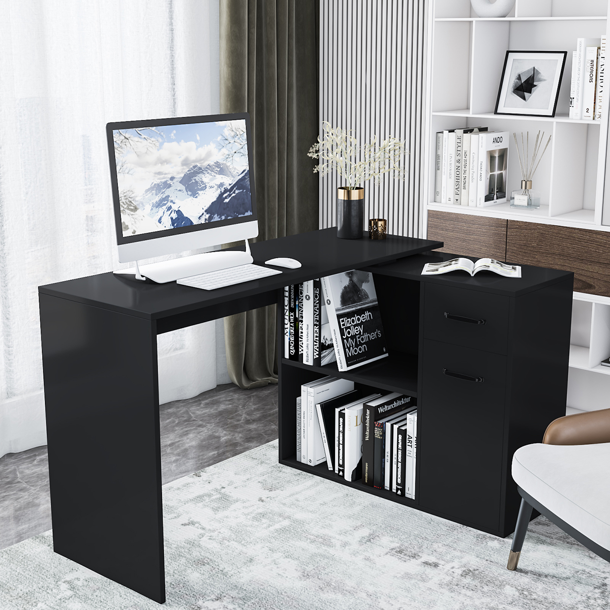 Find Hoffree Computer Desk Rotating Corner Computer Desk With Drawers Shelf for Home Office Living Room 180 Degree Design for Sale on Gipsybee.com with cryptocurrencies