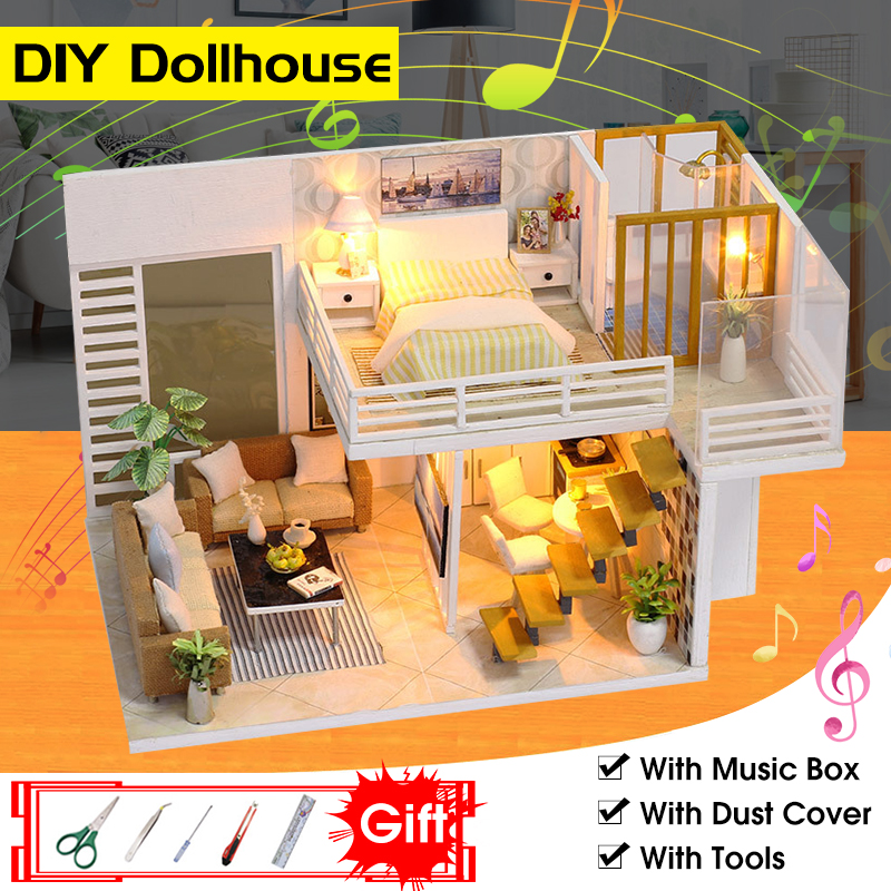 DIY Doll House Furnitures Miniature Doll house Dust Cover Wooden Dollhouse Light House For Dolls Handmade Toys For Children—6