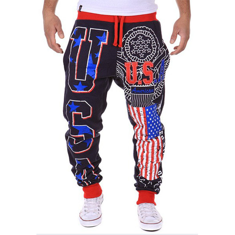 Men's Fashion Lace-Up Sports Jogger Pants USA Flag Printing Beam Feet Harem Pants