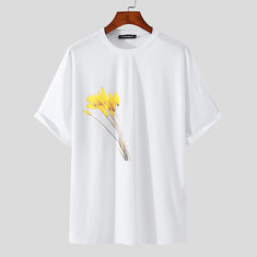 Camiseta masculina flor solta estampada manga curta respirável Soft camiseta com blusa de caminhada ao ar livre