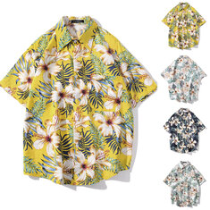 Açık Erkekler Hawaiian Gömlek Kısa Kollu Çiçek Baskı Şık Yaka Gevşek Camisas Hombre Streetwear Plaj Casual Gömleks