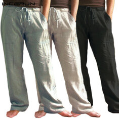 Calça masculina de linho de algodão reta calça casual solta cintura elástica calça esportiva ao ar livre fitness caminhada