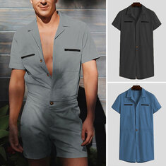 Macacões lapela streetwear masculina cor sólida manga curta bolsos macacões casuais verão calções masculinos
