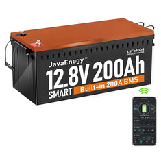 [US Direct] Batteria JavaEnegy 12V 200Ah Lifepo4 con monitor Bluetooth e APP integrati. Dotata di BMS da 200A con funzione di riscaldamento. Pacco batterie al fosfato di litio e ferro per stoccaggio solare 12V 24V 48V EV RV Barca.