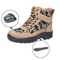 Eu tenho sapatos de segurança com biqueira de aço, impermeáveis, antiderrapantes e resistentes a impactos para trabalhar ao ar livre ou fazer caminhadas.