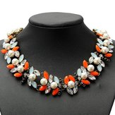 Colorful Pearl Crystal Leaf Bib Statement Necklace Choker Metal Chain