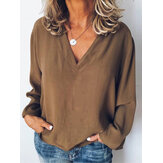 Women Long Sleeve V Neck Casual Loose Solid Blouse
