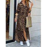Tasche laterali a maniche lunghe con risvolto stampa leopardata da donna Camicia Maxi Dress