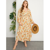 Plus Size V-neck Floral Print Crossed Front Design Dress