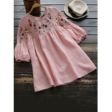 100% algodão feminino manga bufada bordado floral vintage blusa