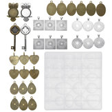 35 Stück Gem Epoxy Mold Set Kombinationsset mit runder quadratischer Love Oval Alloy Base