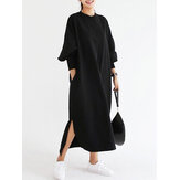 Vestido informal de sudadera larga con cuello redondo y mangas de murciélago a rayas negras para mujeres