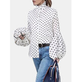 Chic Polka Dots Print Turtleneck Puff Sleeve Causal Loose Shirts Blouse For Women