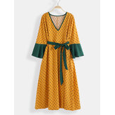 Plus Size Women Polka Dot Bowknot Contrast Color Patchwork Casual Dress