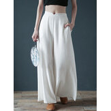 Women Casual Cotton Back Elastic Waist Loose Wide Leg Pants with Side Pockets