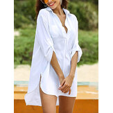 Mujer Color sólido Cover Up Protección solar suelta Dobladillo alto-bajo Playa Vestido