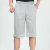 Summer Thin Elastic Waist Linen Cotton Loose Mens Solid Color Knee-Length Casual Shorts