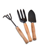 Conjunto de 3 ferramentas de jardim de mão em ferro Pá de jardinagem Ancinho Colher de transplante Cabo de madeira