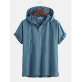 Mens 100% Cotton Hooded Drawstring Buttons Solid Color Casual T-Shirts