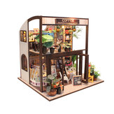 Casa de bonecas artesanal DIY Time Cafe House em madeira com móveis em miniatura e luz LED como presente