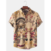 قميص قصير الأكمام ذو ياقة رسمية بنمط رجالي وطبعات زهور على الطراز القديم
