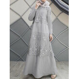 Lace Stitching A-Line O-Neck Solid Color Long Sleeve Muslim Dress Abaya Kaftan For Women