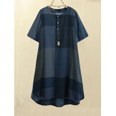 Locker geschnittenes, kurze ärmel, kariertes Vintage-Button-down-Hemd-Kleid mit Tasche für Frauen