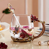 Enamel Glass Rose Flower Tea Cup Set Spoon Coffee Cup Cold Drinks Mug