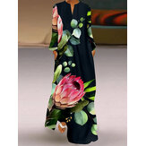Nature V-Neck Floral Printed Fashion فستان أوروبي ريترو فضفاض