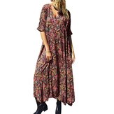 Frauen Bohemian Kurzarm V-Ausschnitt Blumendruck Casual Kleid