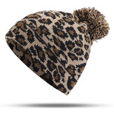 Women Winter Casual Leopard Print Pompoms Knitted Hat Beanie Cap