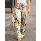 Calças vintage de cintura alta com estampa floral, cinto e bolsos laterais elásticos para mulheres