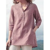 Women 3/4 Sleeve V Neck Button Down Tops Casual Loose Shirts Blouse