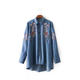 Casual Women Long Sleeve Embroidered Denim Blouse