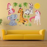 Adesivo de parede removível para decoração animal de caricatura: elefante, girafas, grama do quarto