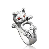 Ethnic Red Eye Fortune Cat Ring Cute Antique Silver Adjudestble Ring Vintage Jewelry for Women