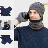Férfi 3PCS Plus bársony melegen tartsa a téli nyakvédelmet fejfedő sál teljes ujjú kesztyű kötött sapka