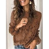 Women Solid Color Elegant Round Neck Long Sleeve Lace Blouses