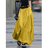 Damen-Baumwollrock mit hohem elastischem Bund, seitlichen Taschen, Reißverschluss und einfarbig für den lässigen Look