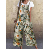 Women Vintage Sleeveless Button Floral Side Pocket Overalls Loose Printing Jumpsuits