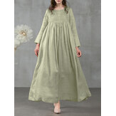 Women Square Neck Pleated Button Casual Maxi Vintage Dress With Side Pockets