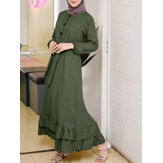 Women Long Sleeve Solid Ruffles Hem Abaya Kaftan Pleats Button Midi Dresses
