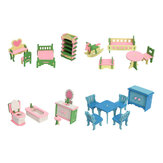 4 conjuntos de delicados kits de móveis para casinha de bonecas em madeira para miniaturas de casas de bonecas