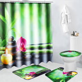 Cortina de banheiro de bambu com seixos de 180x180 cm com ganchos, tampa de vaso sanitário e tapete (4 peças)