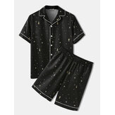 Mens Star Pattern Cozy Revere Collar Black Home Casual Pajama Set