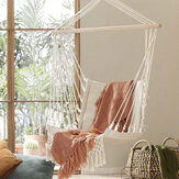 Rede de algodão para balanço de camping, cadeira suspensa com corda de madeira bege, pátio com franjas